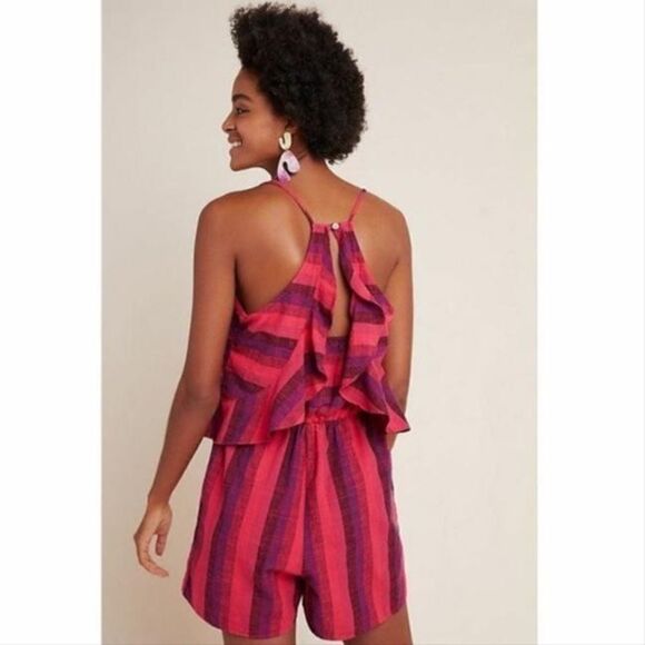 Amadi Anthropologie Striped Romper Linen Purple Pink Ruffle Sleeveless - Picture 9 of 9